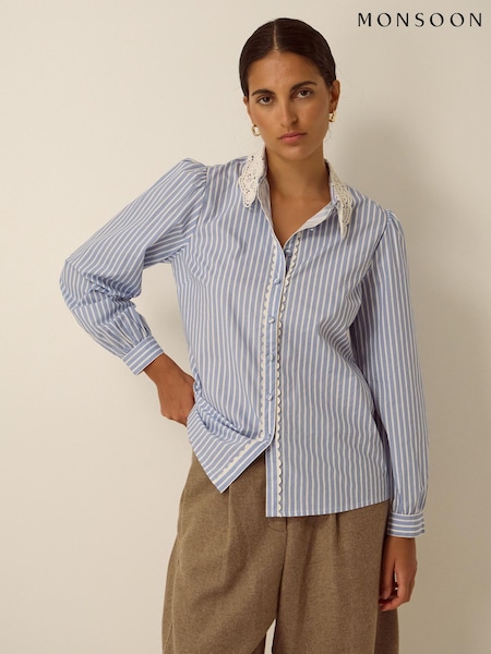 Blue - Monsoon Quinn Lace Collar Stripe Shirt