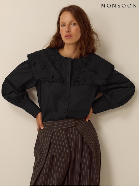 Black - Monsoon Eliana Embroidered Square Collar Shirt