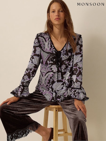 Melns - Monsoon Claudia puķains Devoré tops