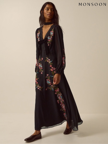 Μαύρο - Monsoon Margot Floral Embroidered Midi Dress