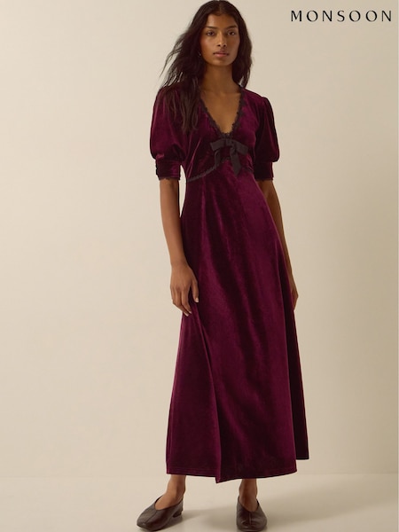 Red - Monsoon Vera V-neck Velvet Midi Dress