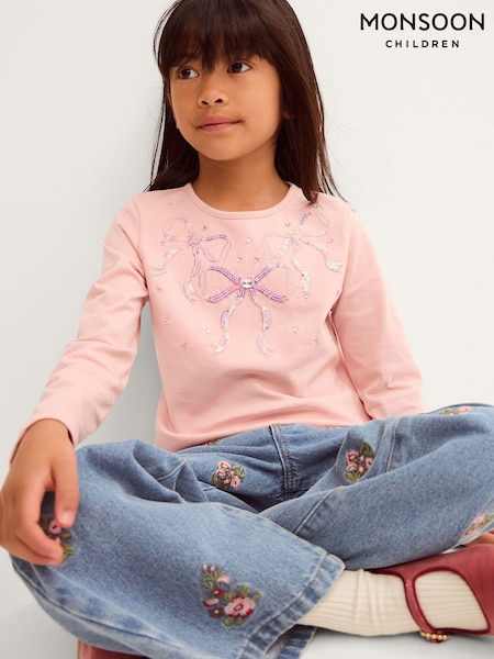 Pink - Monsoon Sequin Bow Long Sleeve Top