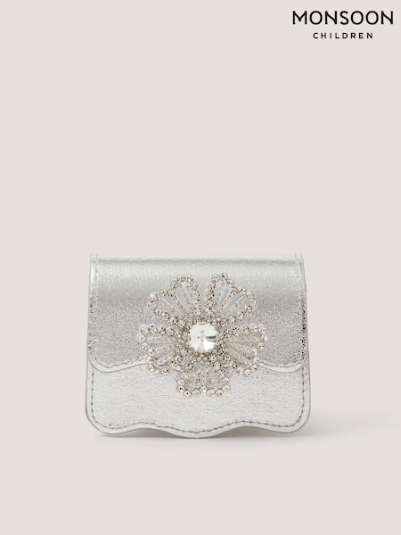 Silver - Monsoon Mini Diamanté Flower Metallic Bag