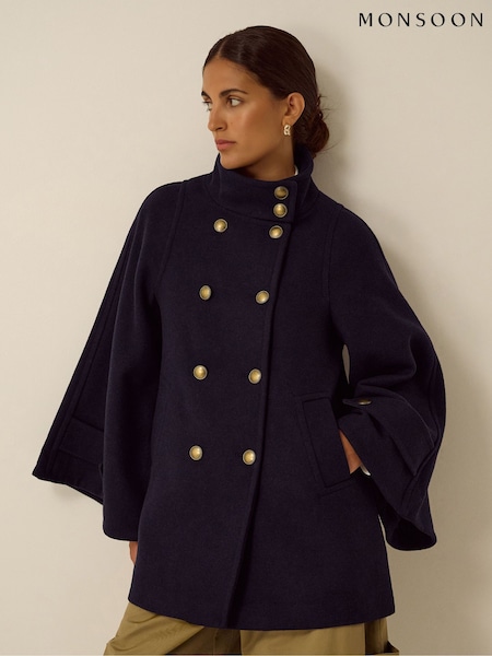 Blue - Monsoon Frida Funnel Neck Cape Coat