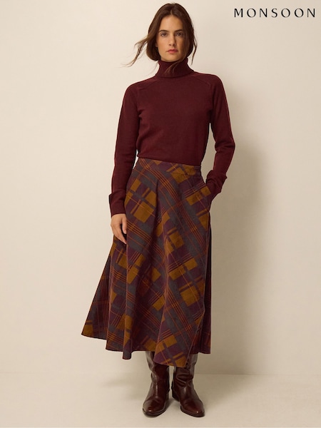 Brown - Monsoon Melinda Check Print Corduroy Midi Skirt