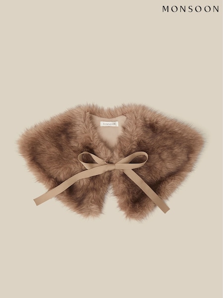 Brown - Monsoon Rhi Faux Fur Collar Scarves