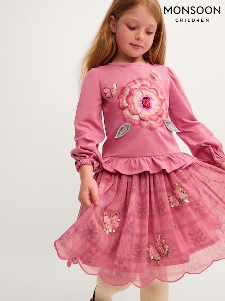 Pink - Monsoon Sequin Butterfly Long Sleeve Top & Disco Skirt Set