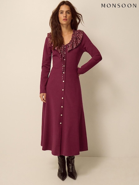 Red - Monsoon Jaz Polka Dot Collar Jersey Midi Dress