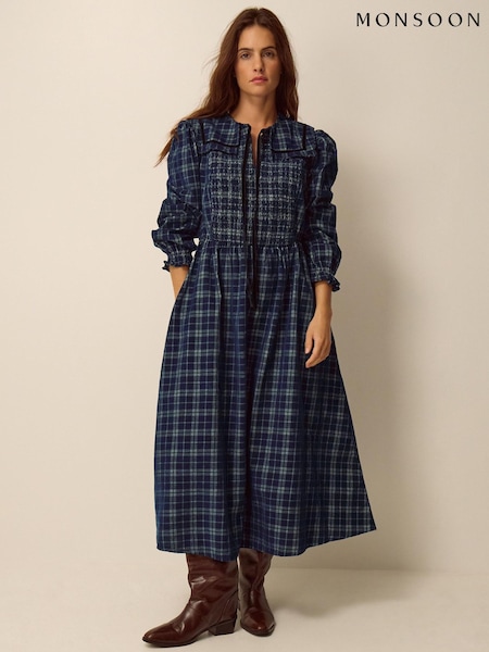 Blue - Monsoon Ruth Check Corduroy Midi Dress