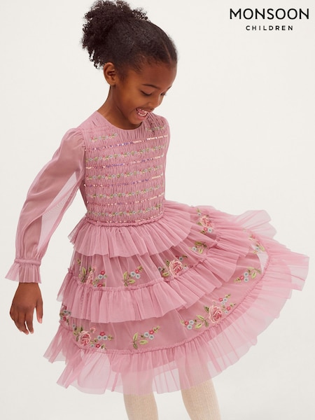 Pink - Monsoon Sequin Embroidered Ruffle Mesh Dress