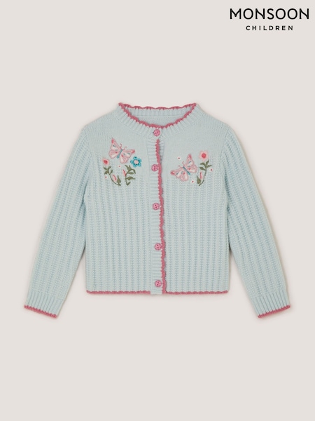 Blue - Monsoon Butterfly Embroidered Knit Cardigan