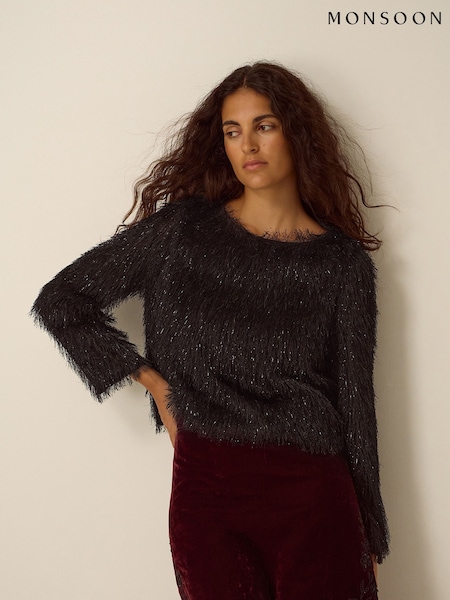 Black - Monsoon Tessa Long Sleeve Fringe Top