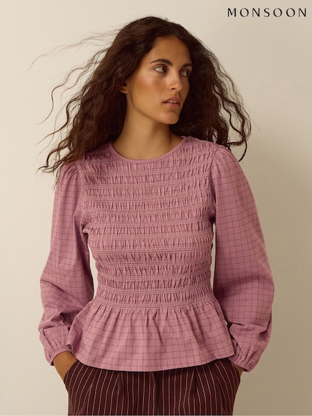 rožnata - Monsoon Charli Check Smocked Jersey Top