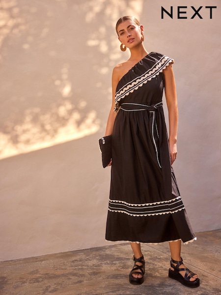 Black/White One Shoulder Rik Rak Summer Belted Dress (254982) | €21
