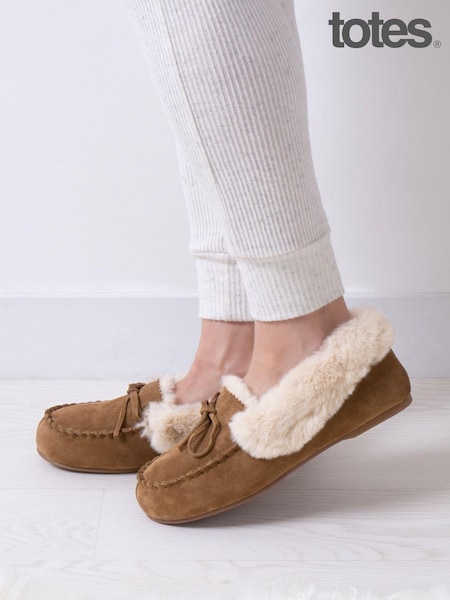 Totes Isotoner Ladies Genuine Suede Moccasin With Faux Fur Lining (255196) | ‏181‏₪