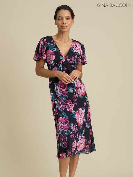 أسود - Gina Bacconi Rosabelle Floral Print Midi Dress