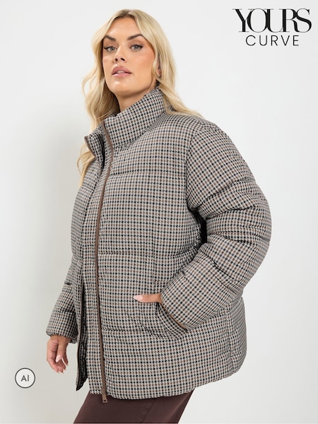 Marrón - Parka acolchada de pata de gallo de Yours Curve