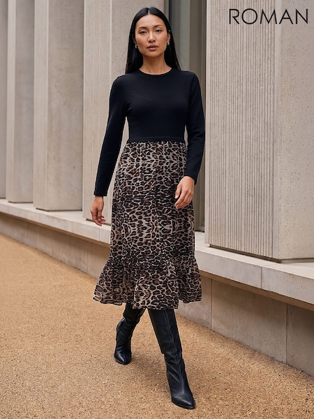 Brown - Roman 2 In 1 Animal Print Stretch Midi Dress