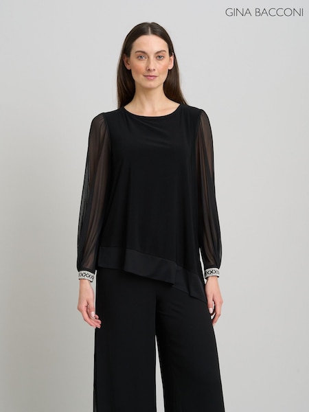Black - Gina Bacconi Jillian Sheer Sleeve Blouse