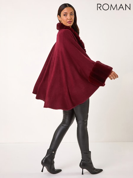Red - Roman Faux Fur Trim Knitted Poncho