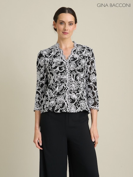 Svart - Gina Bacconi Lia Embroidered Blouse With Scallop Detail