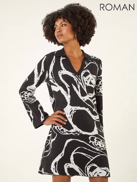Negro - Vestido de punto abstracto con estampado Floral Roman