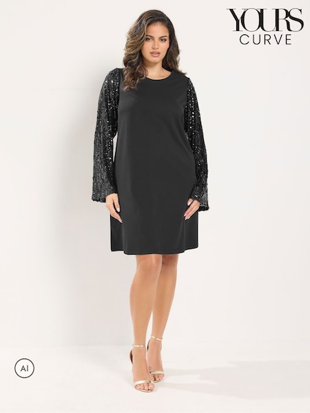 Schwarz - Yours Curve Sequin Flare Sleeve Mini Dress