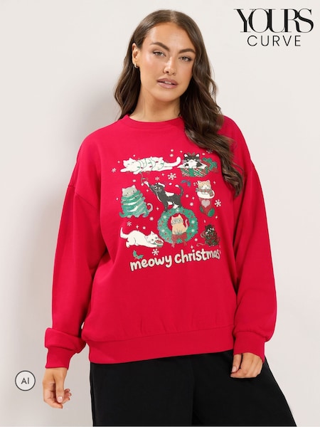 Qırmızı - Yours Curve 'meowy Christmas' Glitter Cats Sweatshirt