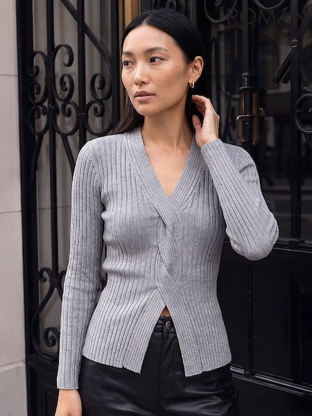 Grey - Roman Cable Split Detail Rib Jumper