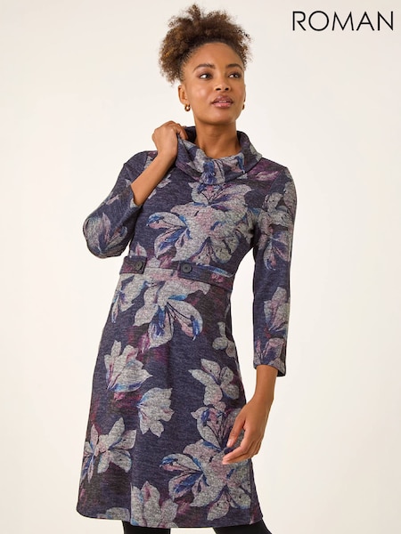 Purple - Roman Floral Cowl Neck Tab Dress