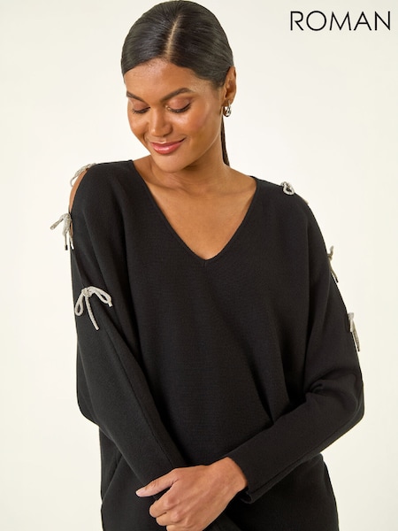 Black - Roman Bow Sleeve V-neck Knit Poncho