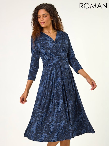Blue - Roman Animal Print Mock Wrap Midi Dress