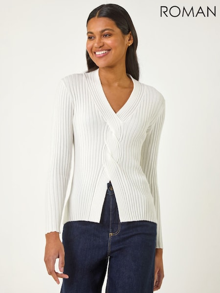 White - Roman Cable Split Detail Rib Jumper