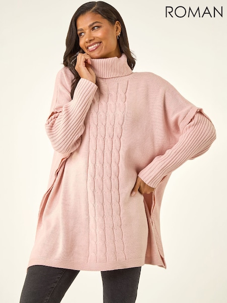 Pink - Roman Cable Knit Roll Neck Poncho Jumper