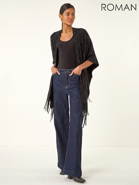 Noir - Poncho en maille thermocollante à motif diamant romain