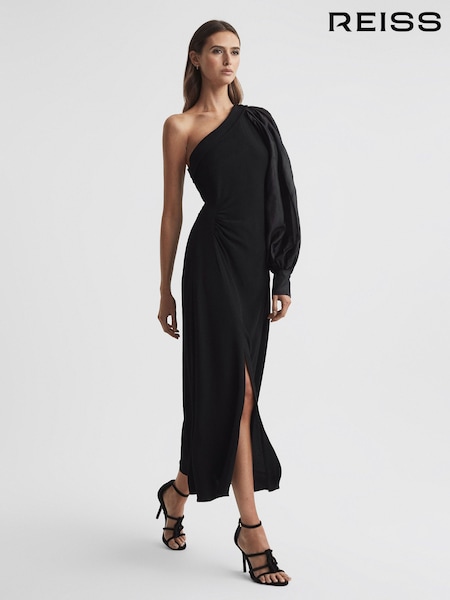 Reiss Black Maeve One-Shoulder Blouson Sleeve Midi Dress (256347) | $537
