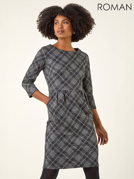 Grey - Roman Checked Front Pleat Shift Dress