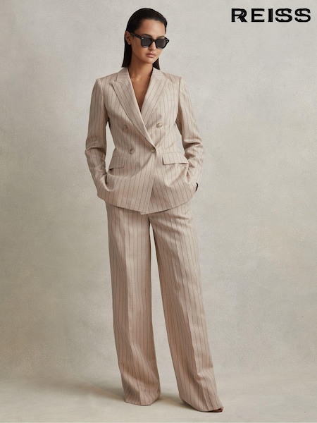 Reiss Neutral Odette Wool Blend Striped Wide Leg Trousers (256910) | kr3 368