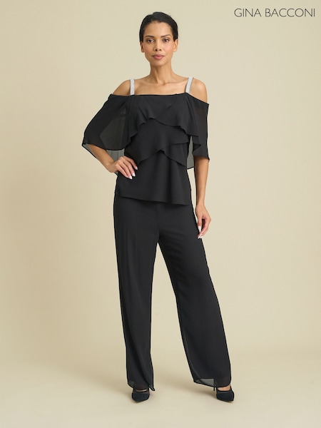 أسود - Gina Bacconi Chassidy Frill Top Trousers Set
