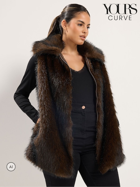 Brown - Yours Curve Tipped Faux Fur Gilet