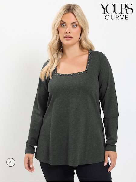 Grey - Yours Curve Square Neck Pearl Trim Long T-shirt