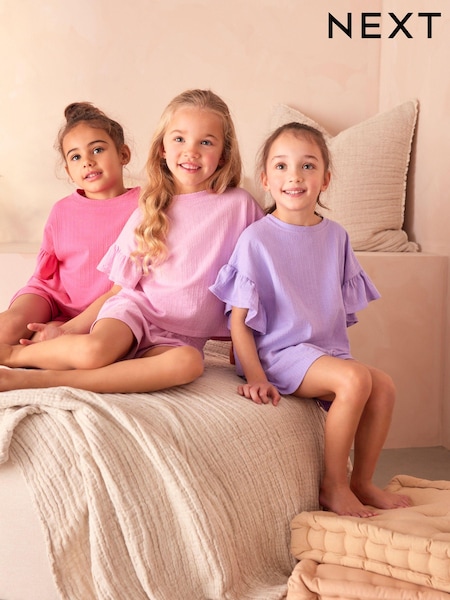 Pink/Violett - 100% Cotton Ruffle Short Sleeve Pyjamas 3 Pack (3-16yrs) (257720) | 24 € - 32 €