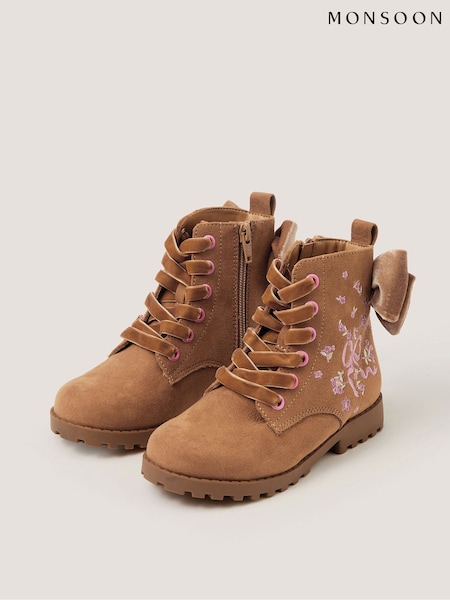 Brown - Monsoon Bow Embroidered Lace-up Boots