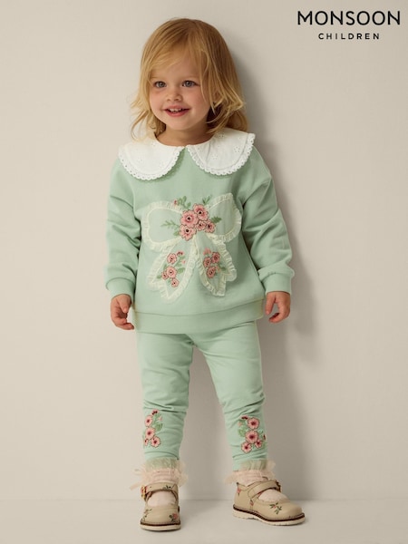 Vert - Ensemble sweat-shirt et legging Monsoon Baby avec nœud brodé