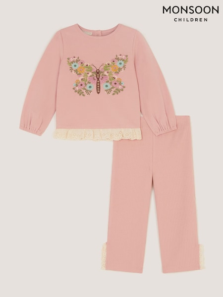Pink - Monsoon Baby Embroidered Butterfly Top & Leggings Set