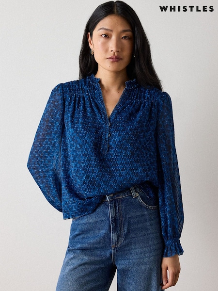 Albastru - Whistles Floral Textured V-neck Blouse