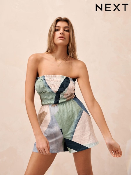 Albastru/Ecru Abstract - Bandeau Shirred 100% Cotton Playsuit (259719) | 91 LEI