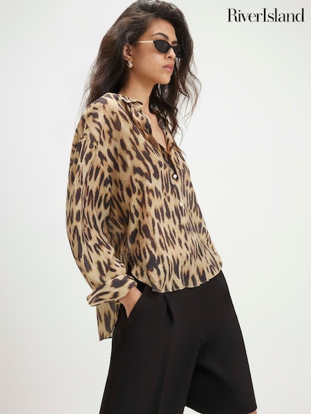 বাদামী - River Island Long Sleeve Leopard Print Oversized Blouse