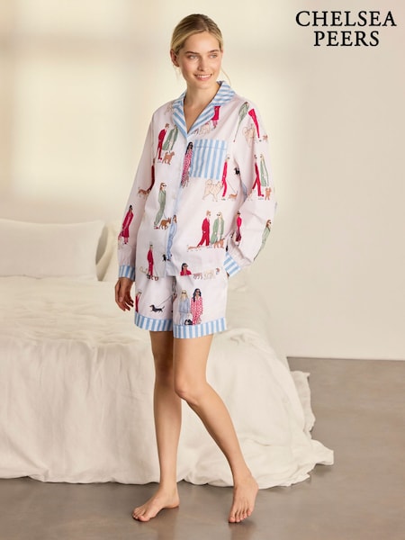 أبيض - Chelsea Peers Cotton Dog Walking Print Short Pyjamas Set