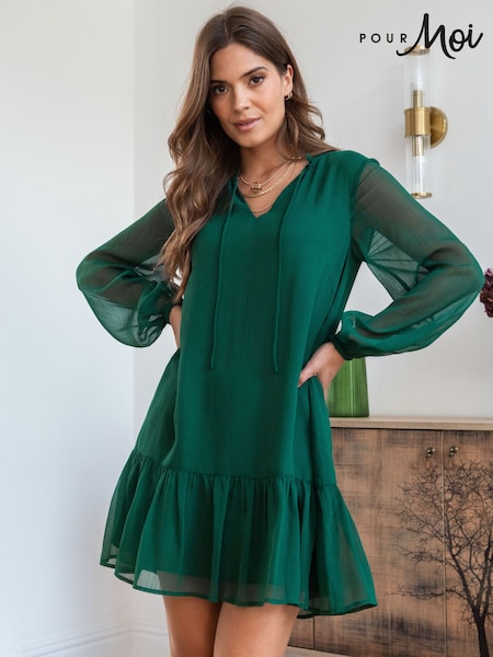 Pour Moi Green Sian Chiffon Long Sleeve Tiered Dress (260827) | €60
